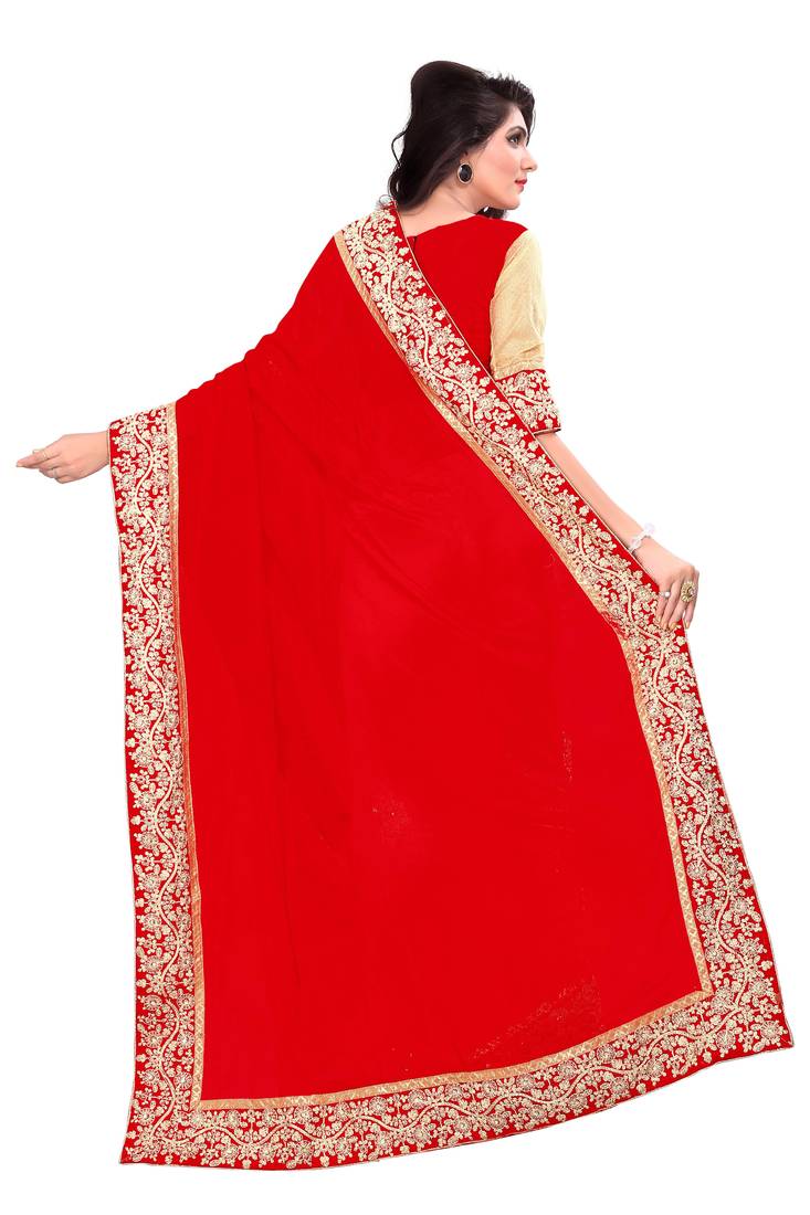 Red embroidered georgette saree with blouse