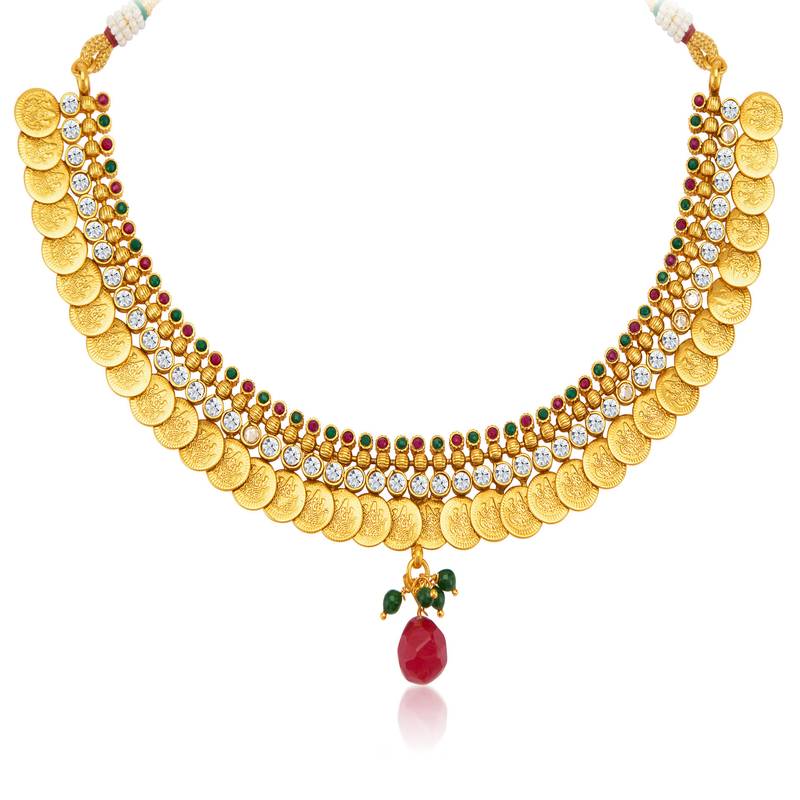 Classy Gold Plated  Temple Jewellery Coin Necklace Set for Women