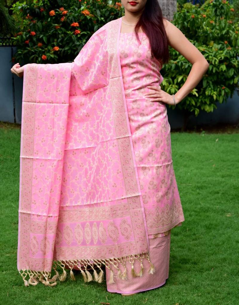 Noor-e-Banaras Lichi Silk Brocade Pink Suit (T+B+D)
