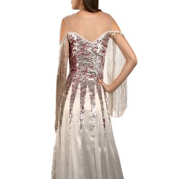 Khwaab Sweetheart Light Grey Sequins & Satin Designer Empire Gown 4