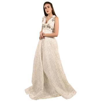 Khwaab Deep V-Neck off White Organza Sequins Embroidered Designer Gown 1