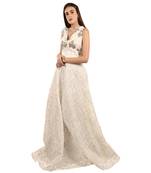 Khwaab Deep V-Neck off White Organza Sequins Embroidered Designer Gown