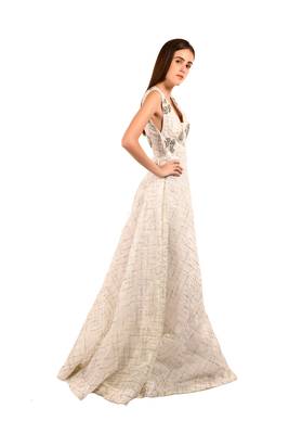 Khwaab Deep V-Neck off White Organza Sequins Embroidered Designer Gown 3