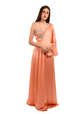 Khwaab One Shoulder with Sweetheart Satin Georgette Peach Color Party Gown 1