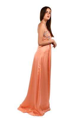 Khwaab One Shoulder with Sweetheart Satin Georgette Peach Color Party Gown 2