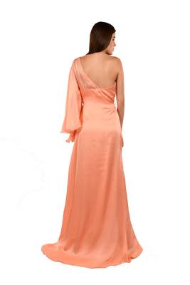 Khwaab One Shoulder with Sweetheart Satin Georgette Peach Color Party Gown 3