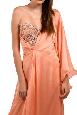Khwaab One Shoulder with Sweetheart Satin Georgette Peach Color Party Gown 4