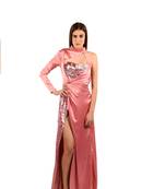 Khwaab High Neck Hot Pink Sequins & Satin Designer Prom Gown