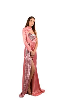 Khwaab High Neck Hot Pink Sequins & Satin Designer Prom Gown 2