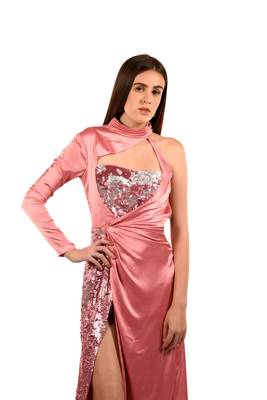Khwaab High Neck Hot Pink Sequins & Satin Designer Prom Gown 3