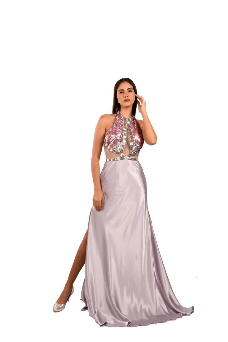 Khwaab Halter Neck Lavender Net-Satin Mermaid Gown