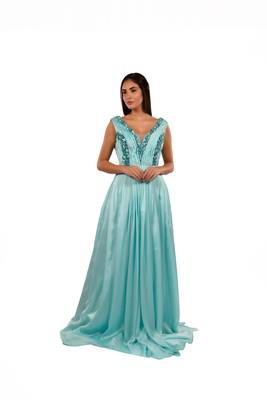 Khwaab Sky Blue Deep V-Neck Stone Work Sheath Gown 1