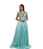 Khwaab Sky Blue Deep V-Neck Stone Work Sheath Gown