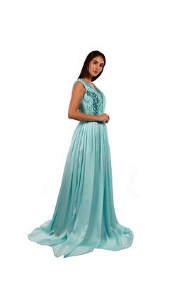 Khwaab Sky Blue Deep V-Neck Stone Work Sheath Gown 2