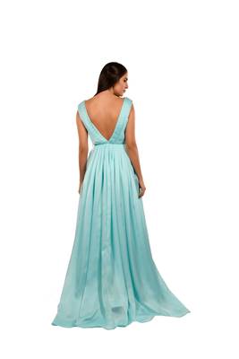 Khwaab Sky Blue Deep V-Neck Stone Work Sheath Gown 3
