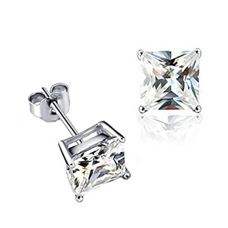 316L surgical stainless steel mens boys ear stud pair earring square princess cut american diamond