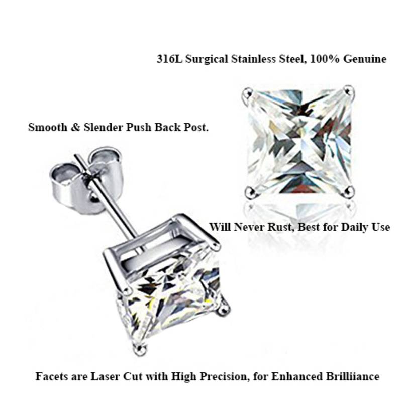 316L surgical stainless steel mens boys ear stud pair earring square princess cut american diamond