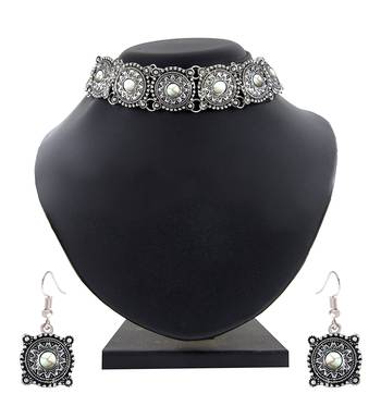 ZIVOM Antique Tribal Afghani Bohemian Oxidised German Silver White Beads Choker Necklace Earring Set Girls Women 5