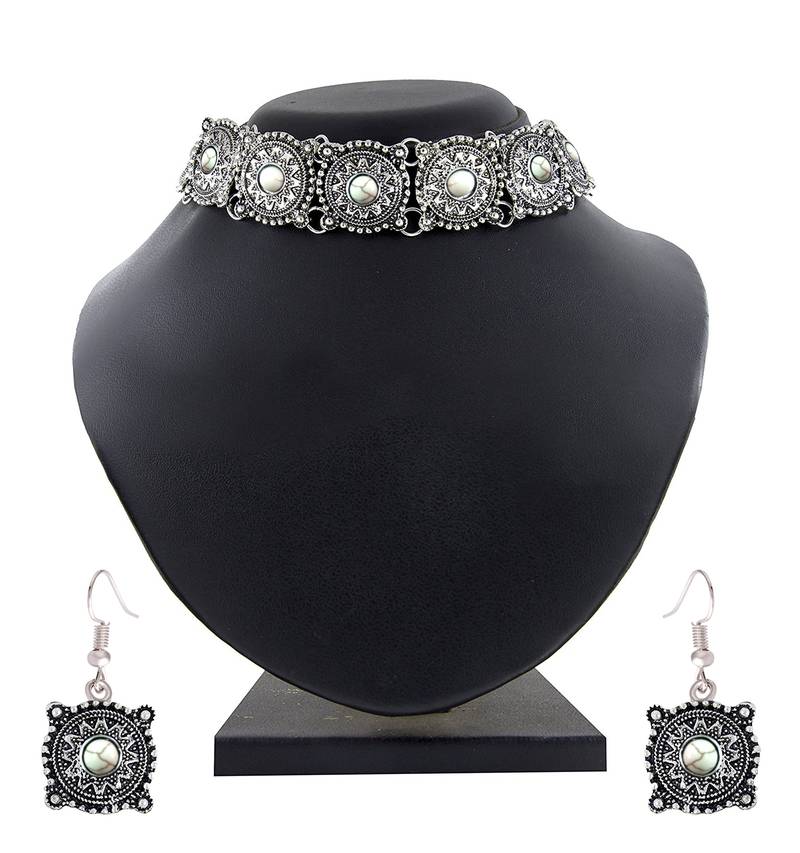 ZIVOM Antique Tribal Afghani Bohemian Oxidised German Silver White Beads Choker Necklace Earring Set Girls Women