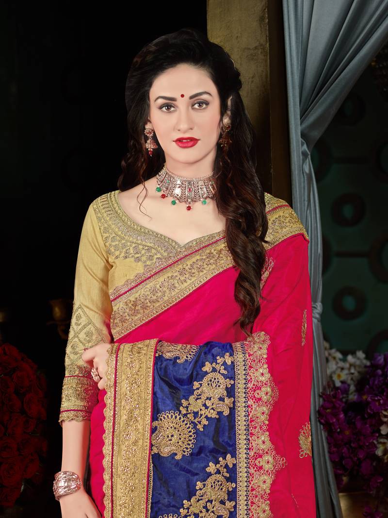 Pink embroidered art silk saree with blouse