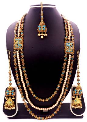 Firozi antique gold plated bridal wedding diamond pearl long rani haram jewellery 1