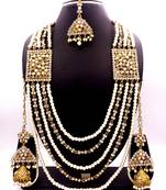 White antique gold plated bridal wedding diamond pearl long rani haram jewellery