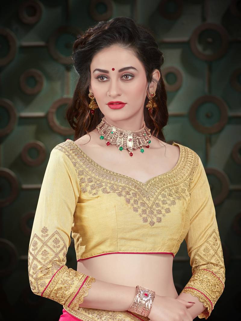 Pink embroidered art silk saree with blouse