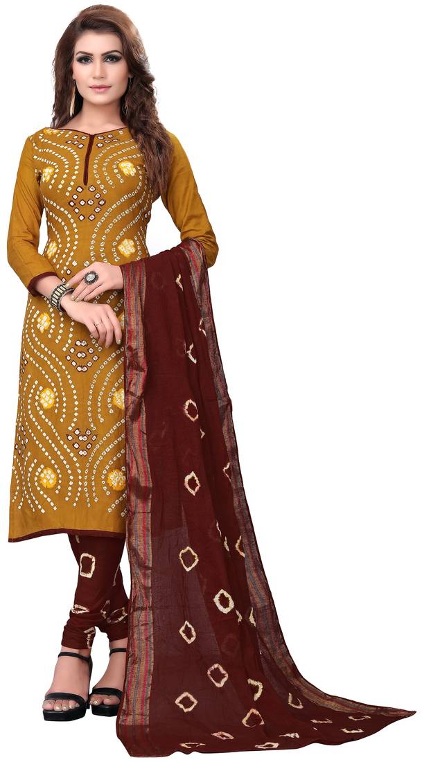 Mustard Color Bandhej Satin Cotton Salwar Suit Dupatta Bandhani Dress Material