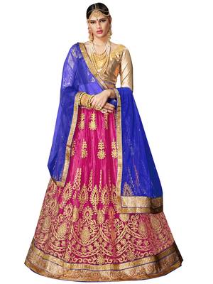 Pink Embroidered Net Semi Stitched Lehenga With Dupatta 1