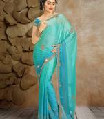 Teal and  turquoise mirror work and  beads work and  stone work silk saree with blouse