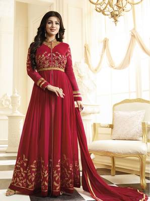 Red Embroidered Faux Georgette Salwar With Dupatta 1