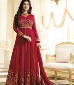 Red Embroidered Faux Georgette Salwar With Dupatta