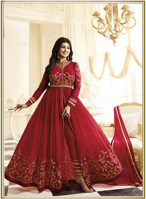 Red Embroidered Faux Georgette Salwar With Dupatta 2