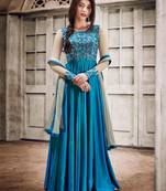 Sky-Blue Embroidered Silk Salwar With Dupatta