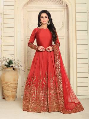 Red Embroidered Taffeta Salwar With Dupatta 1