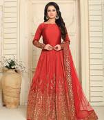 Red Embroidered Taffeta Salwar With Dupatta
