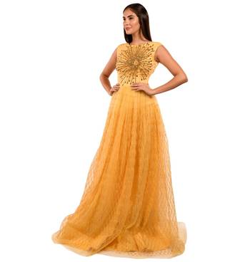 Khwaab Round Neck Yellow Net Embroidery Evening Ball Gown 1