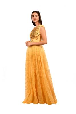 Khwaab Round Neck Yellow Net Embroidery Evening Ball Gown 2
