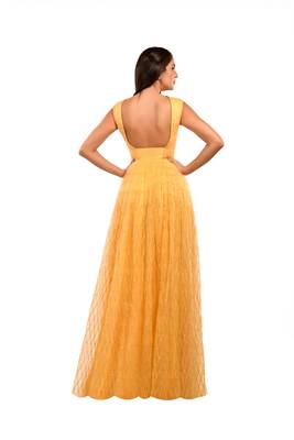 Khwaab Round Neck Yellow Net Embroidery Evening Ball Gown 3