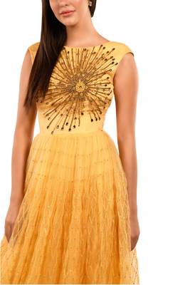 Khwaab Round Neck Yellow Net Embroidery Evening Ball Gown 4