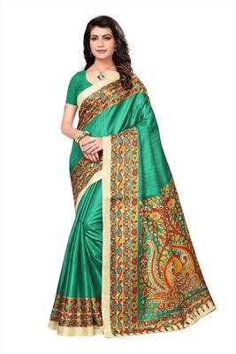 Green printed bhagalpuri cotton saree with blouse 1