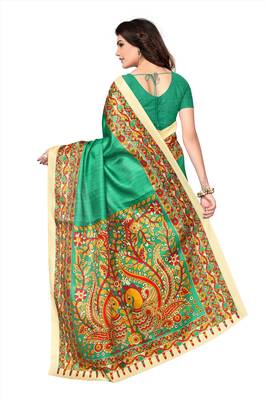 Green printed bhagalpuri cotton saree with blouse 2