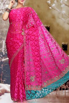 Pink hand work cotton saree with blouse 1