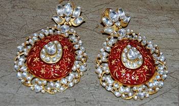Lotus Red Enamel Drop Polki Diamond Dangler Earrings 1