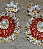 Lotus Red Enamel Drop Polki Diamond Dangler Earrings