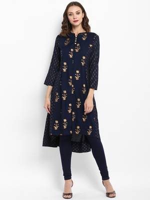 Navy Blue Rayon Printed A Line Kurta 1