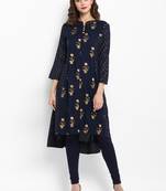 Navy Blue Rayon Printed A Line Kurta