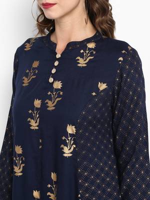 Navy Blue Rayon Printed A Line Kurta 2