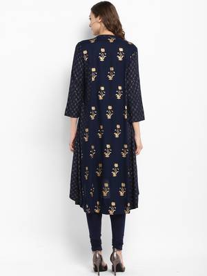 Navy Blue Rayon Printed A Line Kurta 3