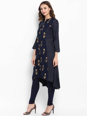 Navy Blue Rayon Printed A Line Kurta 4